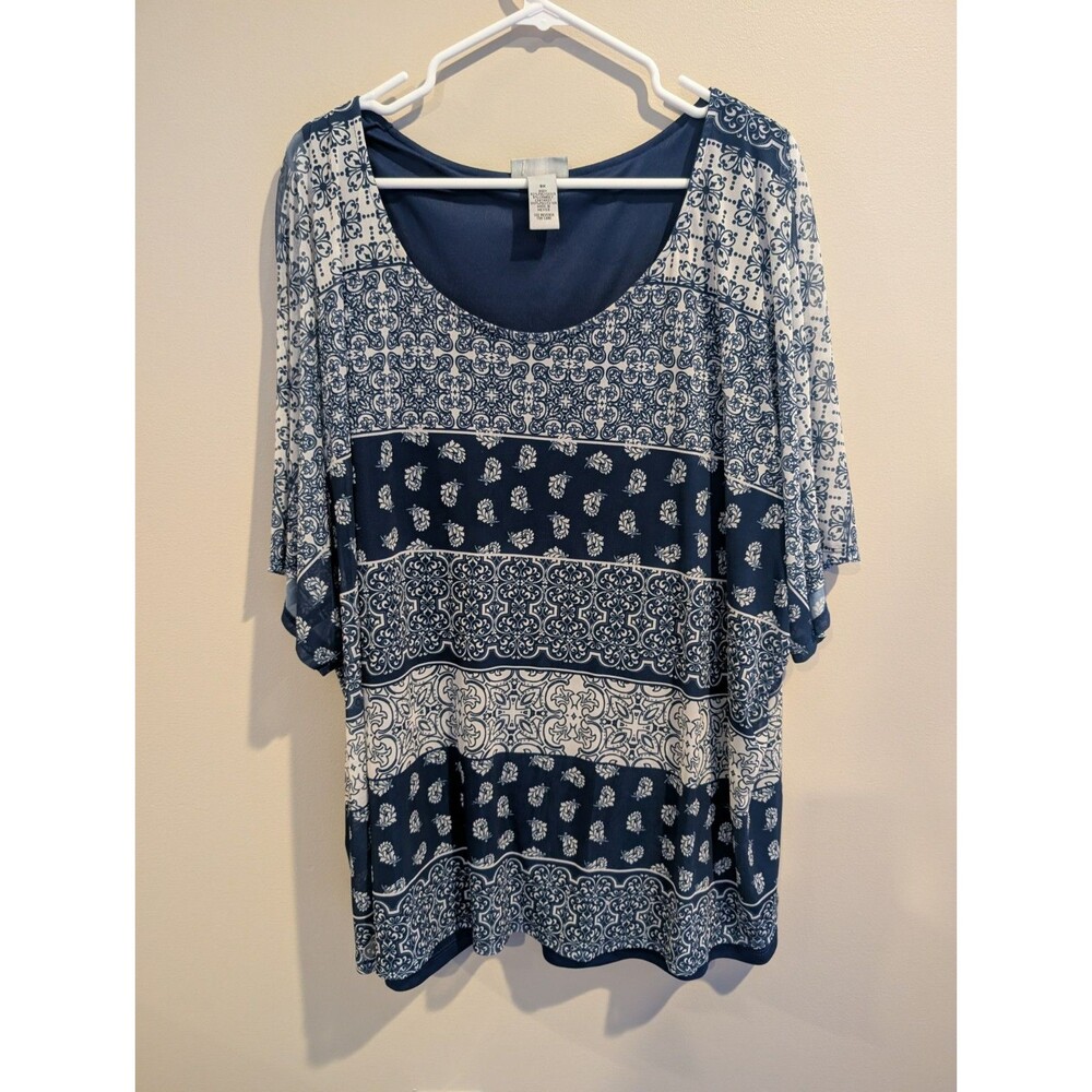 Catherines 3X Gauze Knit Top Navy Blue Block Layer Paisley Short Dolman Sleeve